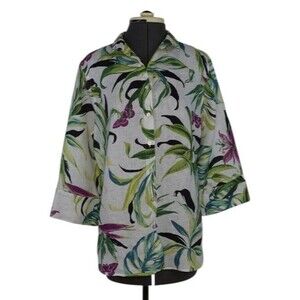 Chico's Linen Shirt Small Tropical Leaf Dreamy Floral 3/4 Sleeve Casual Beachy
